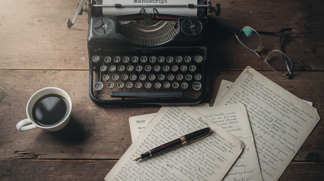 Flat lay of a manuscript, fountain pen and old typewriter on a wooden desk