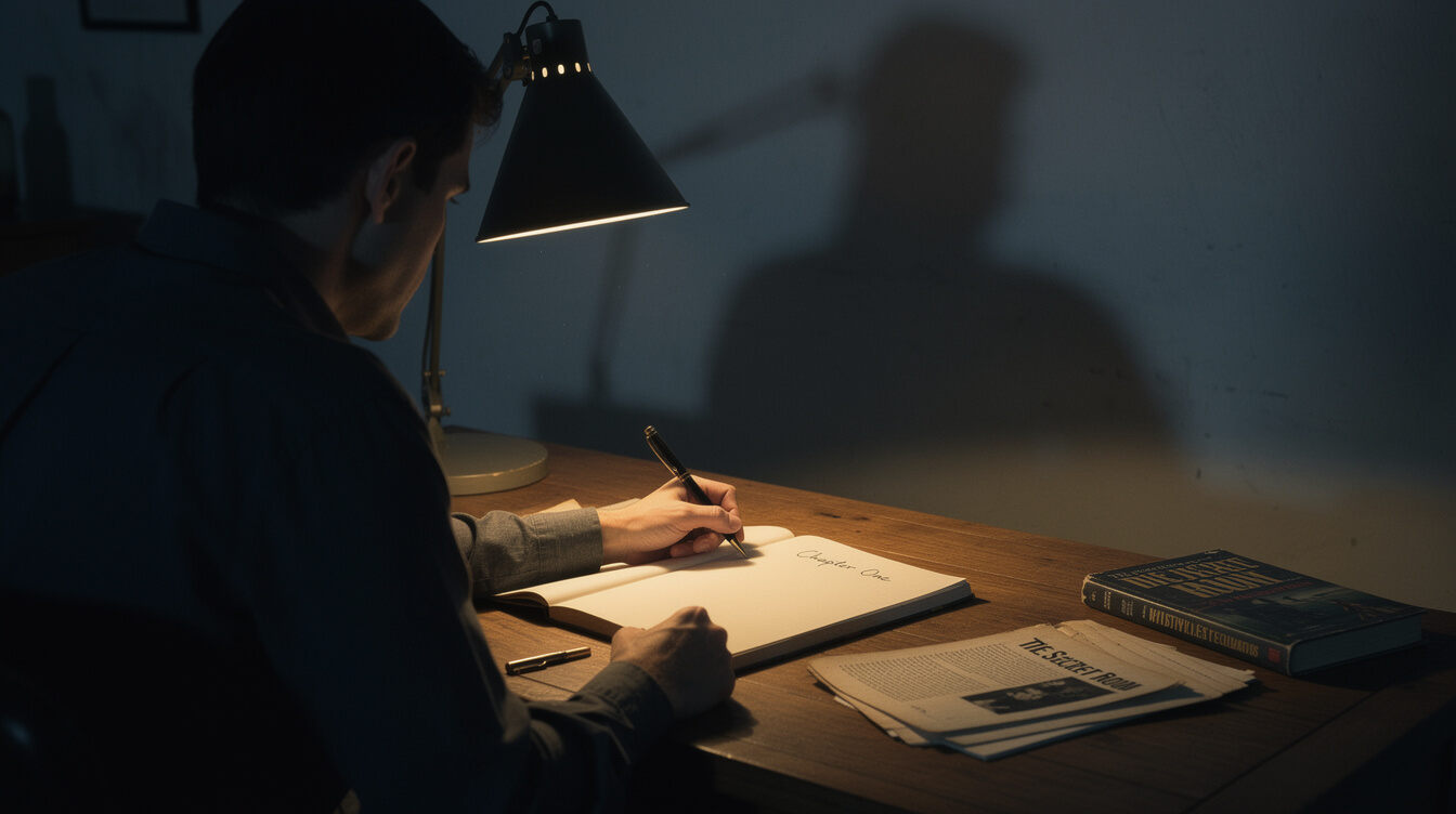 writer at desk with notebook