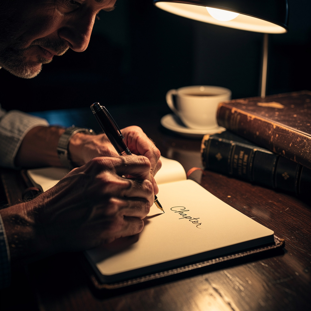 Croatian writer handwriting notes by lamp light at night