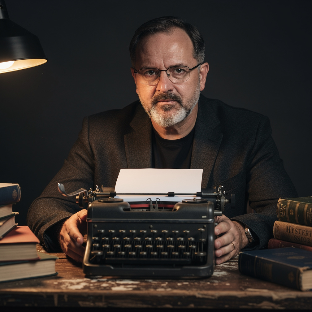Portrait of a Croatian mystery writer with a beard and glasses in a dim study