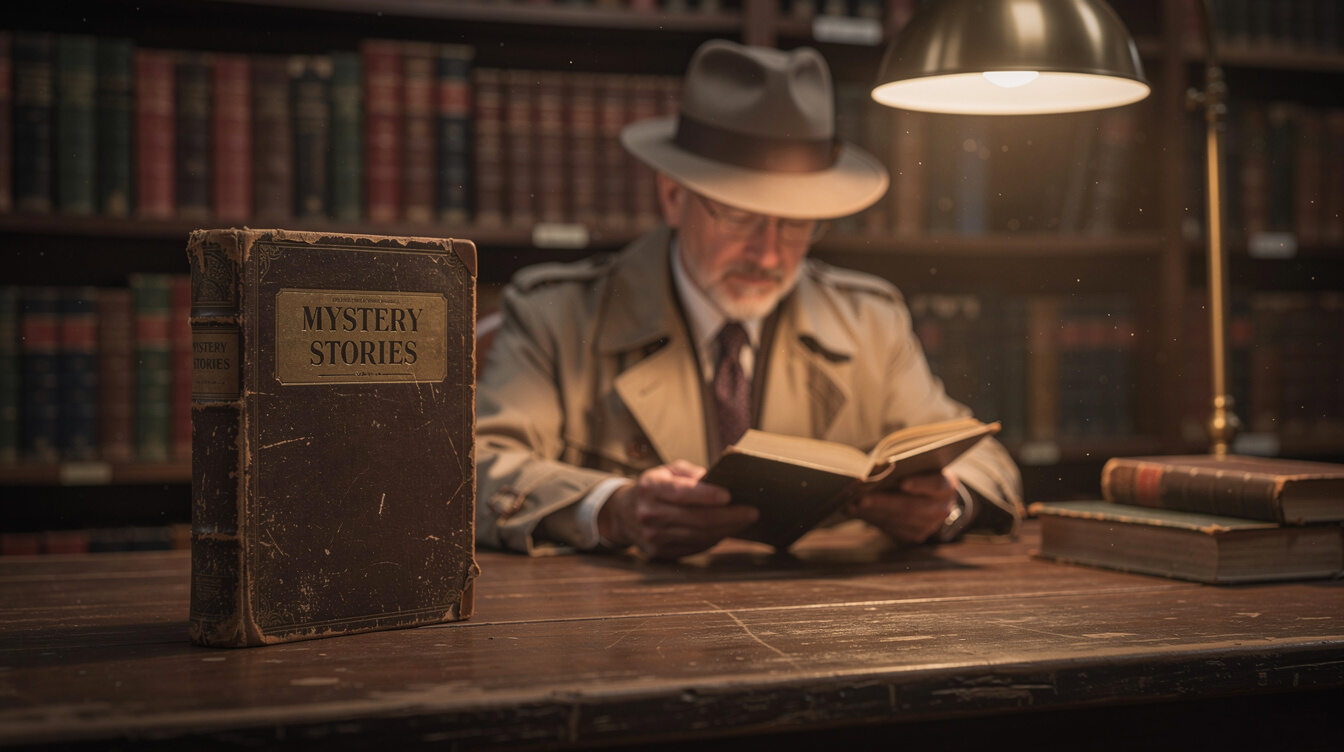 old mystery book on wooden table