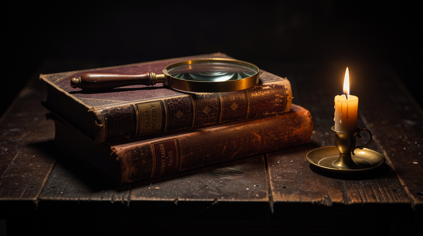 Stack of old mystery novels with a magnifying glass and candle